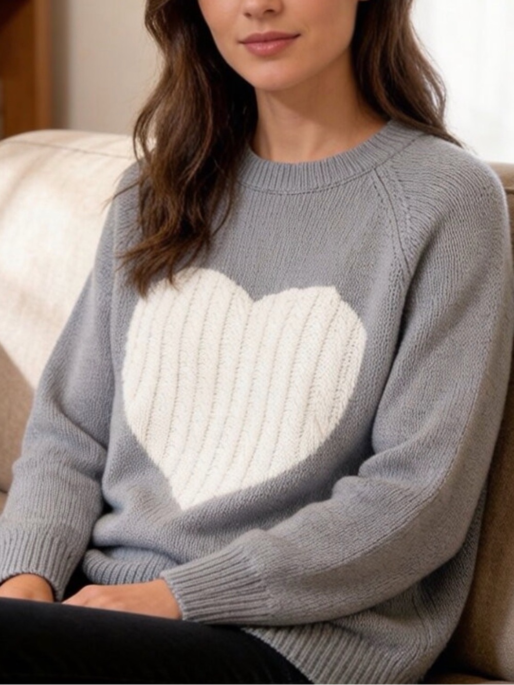 “AndTheWhy” Oversize Gray Crewneck Sweater with White Heart,S/M, Excellent Cond
